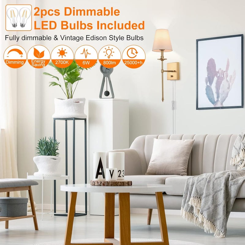 GOODATE Dimmable Wall Sconces Set of Two, Plug in Wall Sconces White Fabric Shade, Wall Lamp for Bedroom, Living room, Plug in Wall Light Sconces Wall Decor Set of 2, LED Bulbs Included, Antique Brass - Image 4